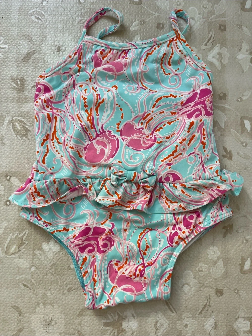 Lilly Pulitzer Girls' Aqua Pink Swirl Ruffle One-Piece Swimsuit